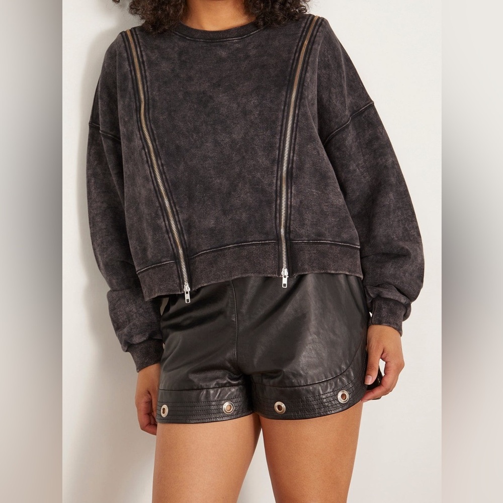 R13 Zippered Crewneck Sweatshirt in Washed Black - size M - Picture 6 of 12